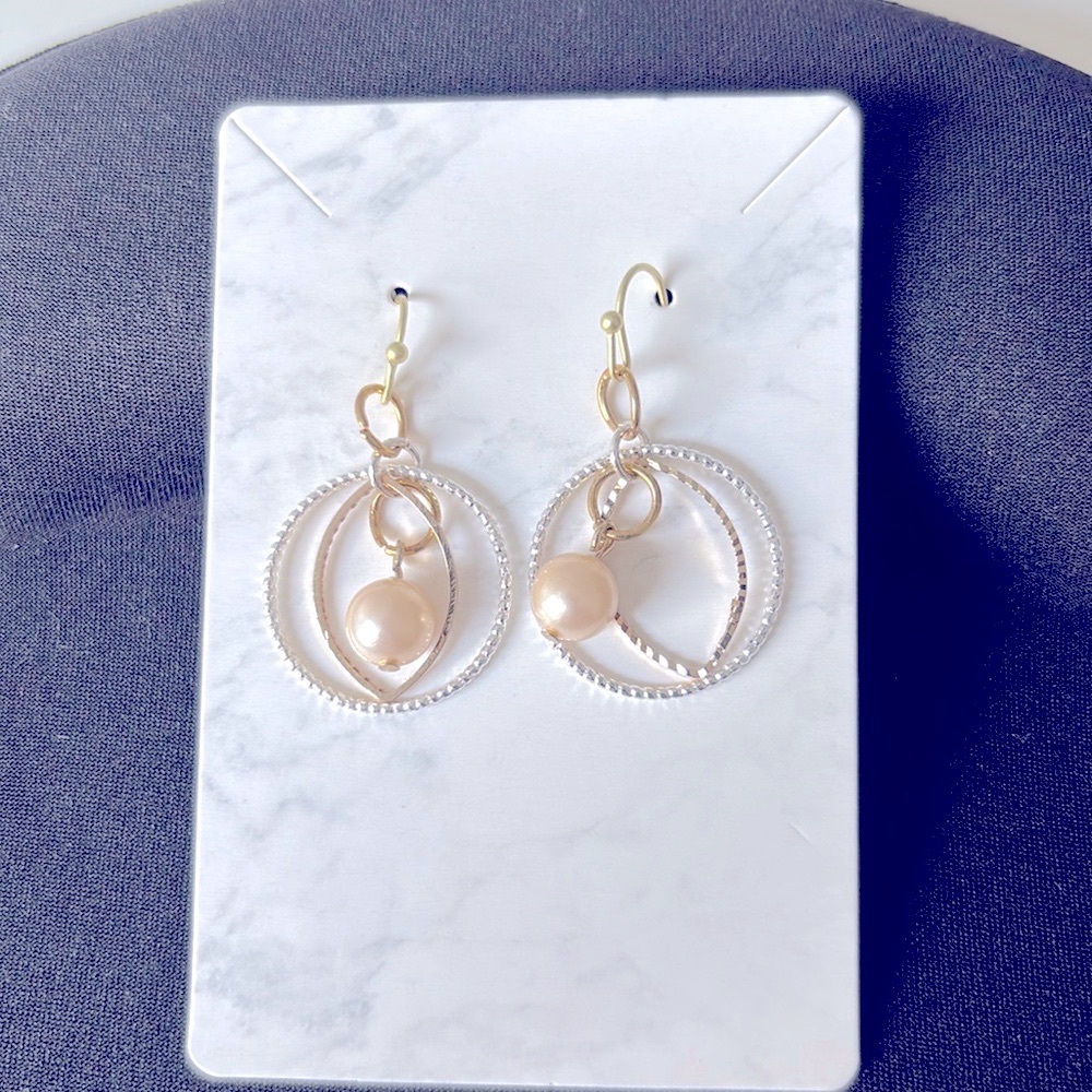 Silver Gold  8mm Beige Pearl Dangle Earrings Vintage Authentic Hook Earrings
